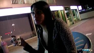 brunette warms up with big dildo before guy pounds her shaved pussy hard