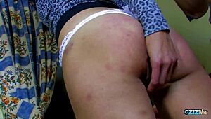 brunette warms up with big dildo before guy pounds her shaved pussy hard