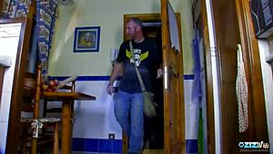 brunette warms up with big dildo before guy pounds her shaved pussy hard