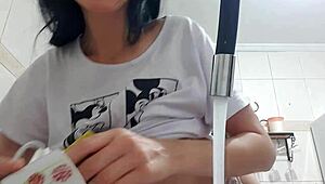 Maid's Bare Tits Swing While Washing Dishes Teasing Huge Cock