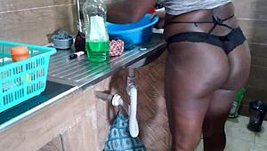 Check chocolate ebony housewife's naked pussy at home.