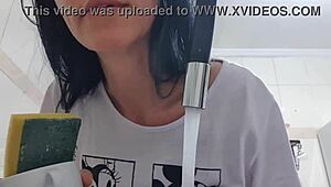 Maid's Bare Tits Swing While Washing Dishes Teasing Huge Cock