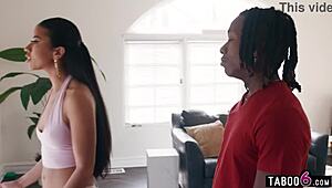 young black guy spies on two ebony teen lesbians then pervs hard in 3some