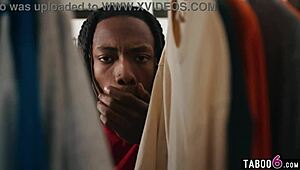 young black guy spies on two ebony teen lesbians then pervs hard in 3some