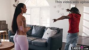 young black guy spies on two ebony teen lesbians then pervs hard in 3some