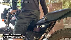 man straps rocketman toy to motorbike shakes from public orgasm!