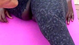 early mornin ebony milf workout got me spreadin her shaved pussy n feet voyeur style uh