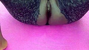 early mornin ebony milf workout got me spreadin her shaved pussy n feet voyeur style uh