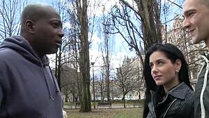 dark haired babe in red lace takes bbc while man licks her wet pussy