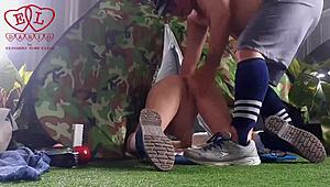 stranger dominates nudist lady's pussy outdoors in forest camp nature fuck 💚🍑🏕️