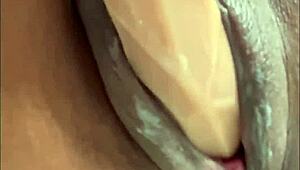 Curvy ebony babe squirts creamy pussy juice close up homemade