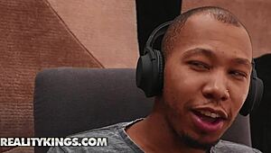 Curvy Athena Faris Sneaks Behind Desk for Sloppy Taste of Ricky Johnson's Big Black Cock