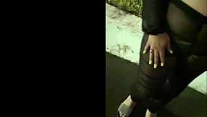 that sexy latina milf wife struts in see-through thong panties outside the hotel, flashing everyone.