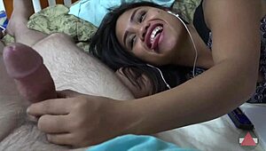 asian babe gives sexy pov handjob browsing big cock bedroom