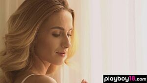 Skinny blonde Ukrainian teen Cara Mell strips white lingerie