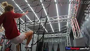 hey thai milf girlfriend bounces on trampoline then gets fucked hard at home