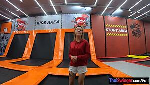 hey thai milf girlfriend bounces on trampoline then gets fucked hard at home