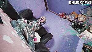 tattooed goth model teases pierced nipples then rips clothes for double anal toy penetration live