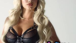 hot milf models tease huge tits in leather lingerie for playboy shoot