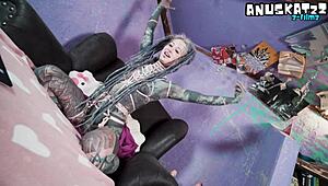tattooed goth model teases pierced nipples then rips clothes for double anal toy penetration live