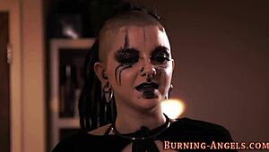 EMO GOTH WHORE FINGERS HER TATTOOED PUSSY BEFORE RIDING HARD PUNK COCK!