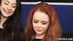 Clothed Redhead Dominates Loser with Blindfolded Handjob Cumshot