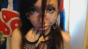 Petite Young Goth in Glasses Teases Huge Puffy Nipples While Wearing Dark Red Lipstick Dress