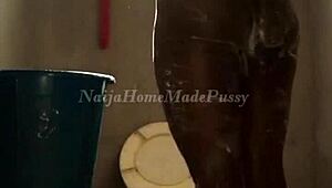 big titted black babe calls daddy into her wet shower play