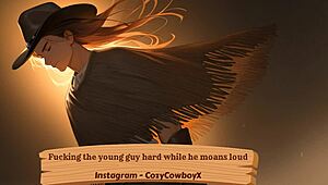 She pounds the moaning 18yo boyfriend until he explodes in ecstasy