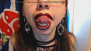 Petite Young Goth in Glasses Teases Huge Puffy Nipples While Wearing Dark Red Lipstick Dress