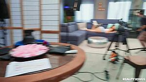 Brunette with Athletic Ass in Leggings Socks Takes Facial Cumshot After Crew Fuck Session