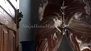 big titted black babe calls daddy into her wet shower play