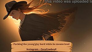 She pounds the moaning 18yo boyfriend until he explodes in ecstasy