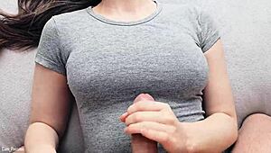 Girlfriend Jerks Huge Cock Till Hot Cumshot Covers My Tight Gray T-Shirt