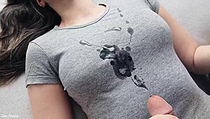 Girlfriend Jerks Huge Cock Till Hot Cumshot Covers My Tight Gray T-Shirt