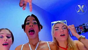 big tits brunette slut and friends sloppily suck boyfriends cocks in wild group orgy