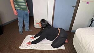 thick latina's yoga interrupted by food delivery guy's big cock deepthroat