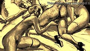 vintage erotic art features hairy beavers in retro antique style with pussy closeups