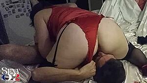 White slut rocks red satin dress corset panties stockings heels for blowjob rimming doggystyle