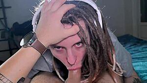 headphones fail to stop her from draining dick she just loves sucking hard cock no matter what