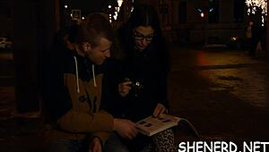 she lures the nerdy guy then pounds his cock missionary style rough.