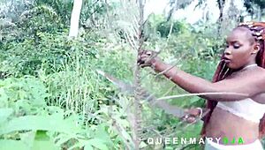 bush girl with big black cock hairy pussy rewards palm harvester's monster fuck outdoors.
