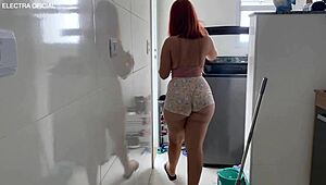 damn this brazilian maid's big ass is so hot every time she squats my cock throbs voyeur style
