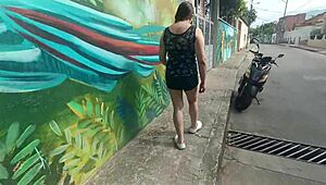 Colombian Latina stepmom's huge cameltoe pussy flashes in shorts with stepson on street.