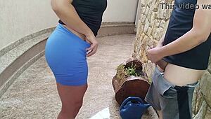 WHOA, Stepson Rubs Cock on Stepmom's Big Ass While She Waters Flowers in Tight Gym Shorts!