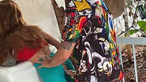 he slides into her tight outdoor sex doll ass like it's begging for it.