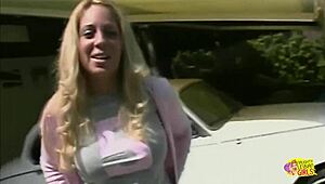 Blonde lesbian takes strapon pounding outdoors in casting scene