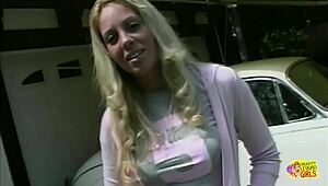 Blonde lesbian takes strapon pounding outdoors in casting scene