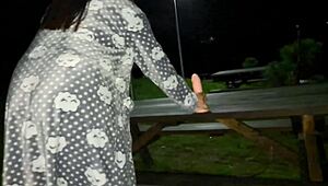 outdoor forest milf takes bent over creampie from huge dildo!