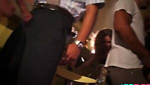 brunette fucks hard in crowded bar right in front of customers